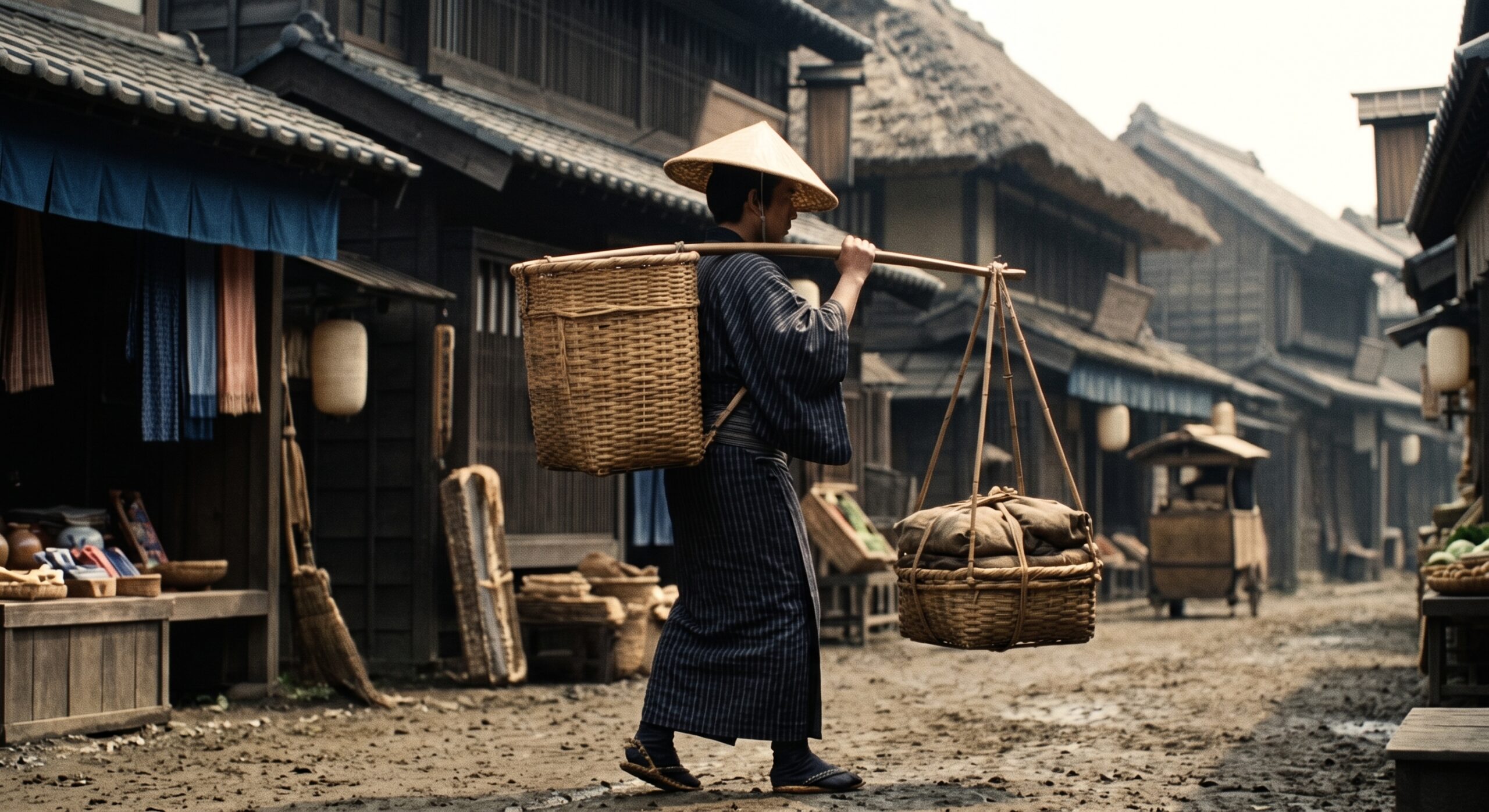 天秤棒を担ぐ江戸時代の商人